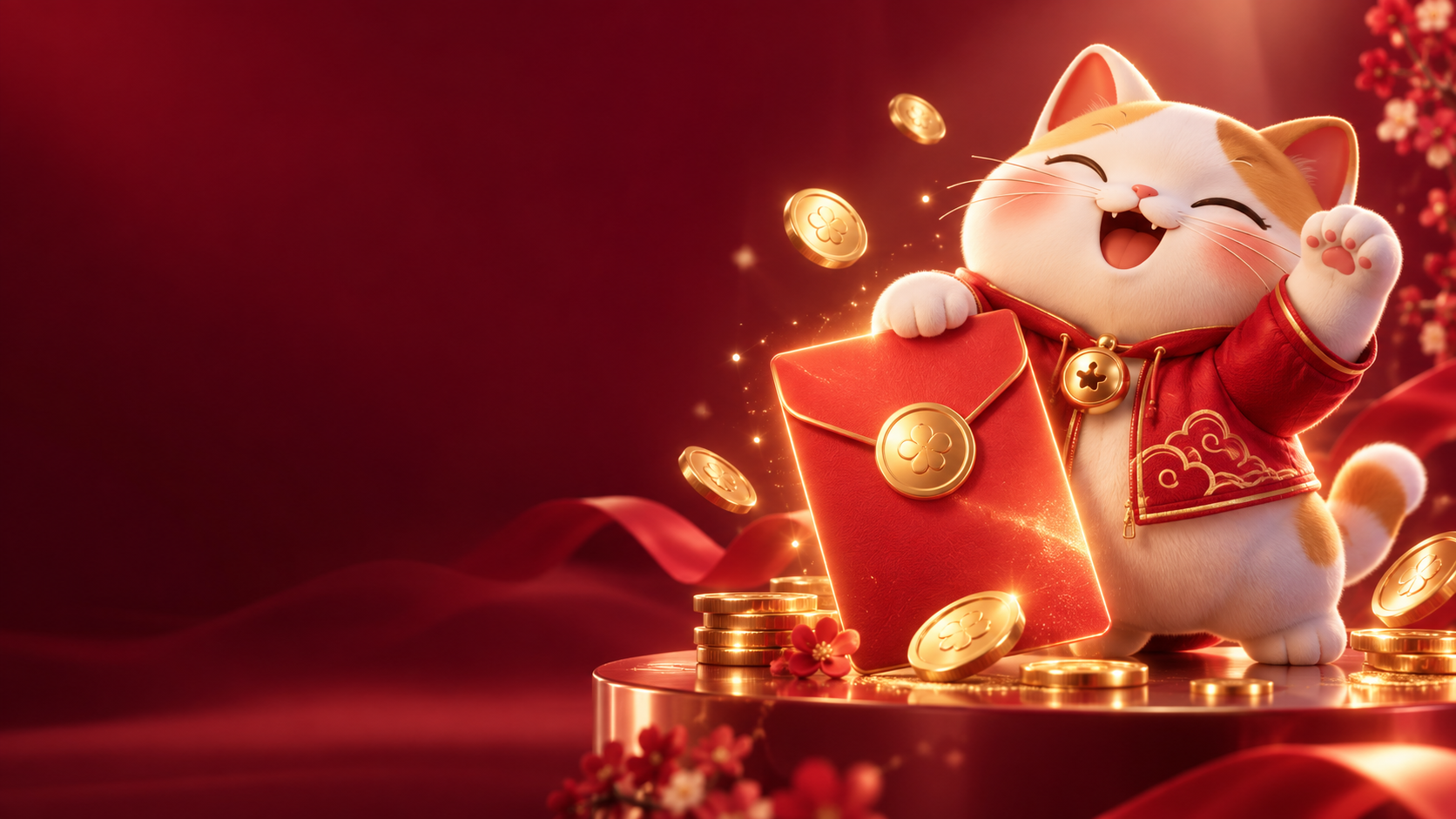 Happy lucky cat celebrating with a reward envelope