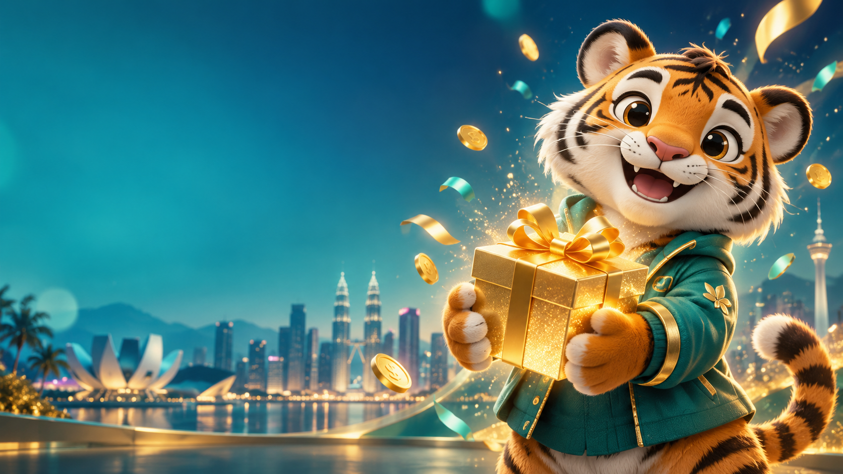 Cheerful tiger holding a golden reward gift